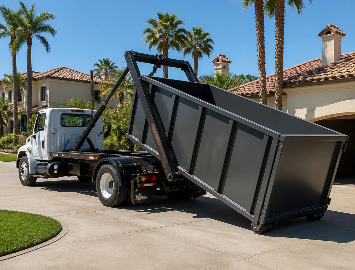 Roll-off dumpster being delivered to a residential driveway in Lake Forest, California